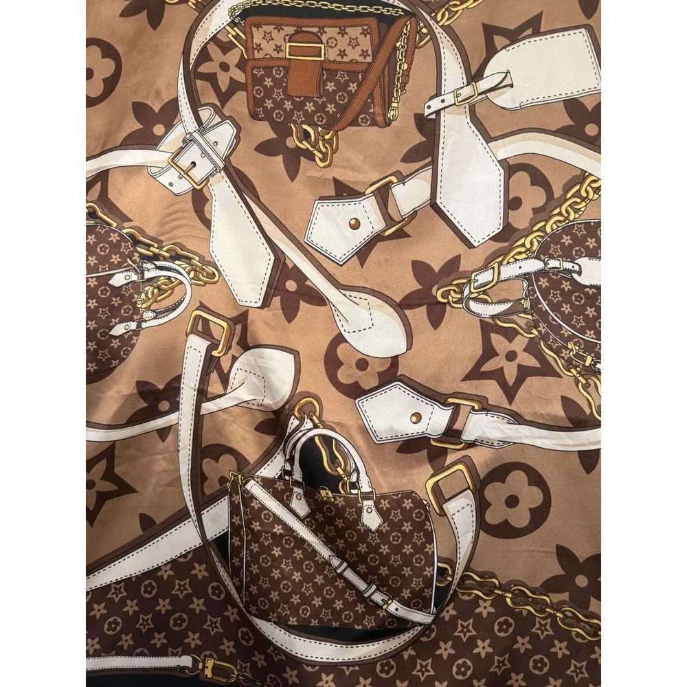 Designer Inspired Monogram Handbag Print Square Scarf Brown Tan Gold Chain